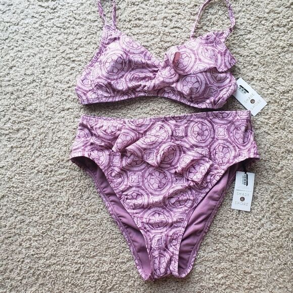 Shade & Shore Pink Ruffle Asymmetrical Bikini 2 Piece Summer Cute Set NWT - Picture 2 of 15